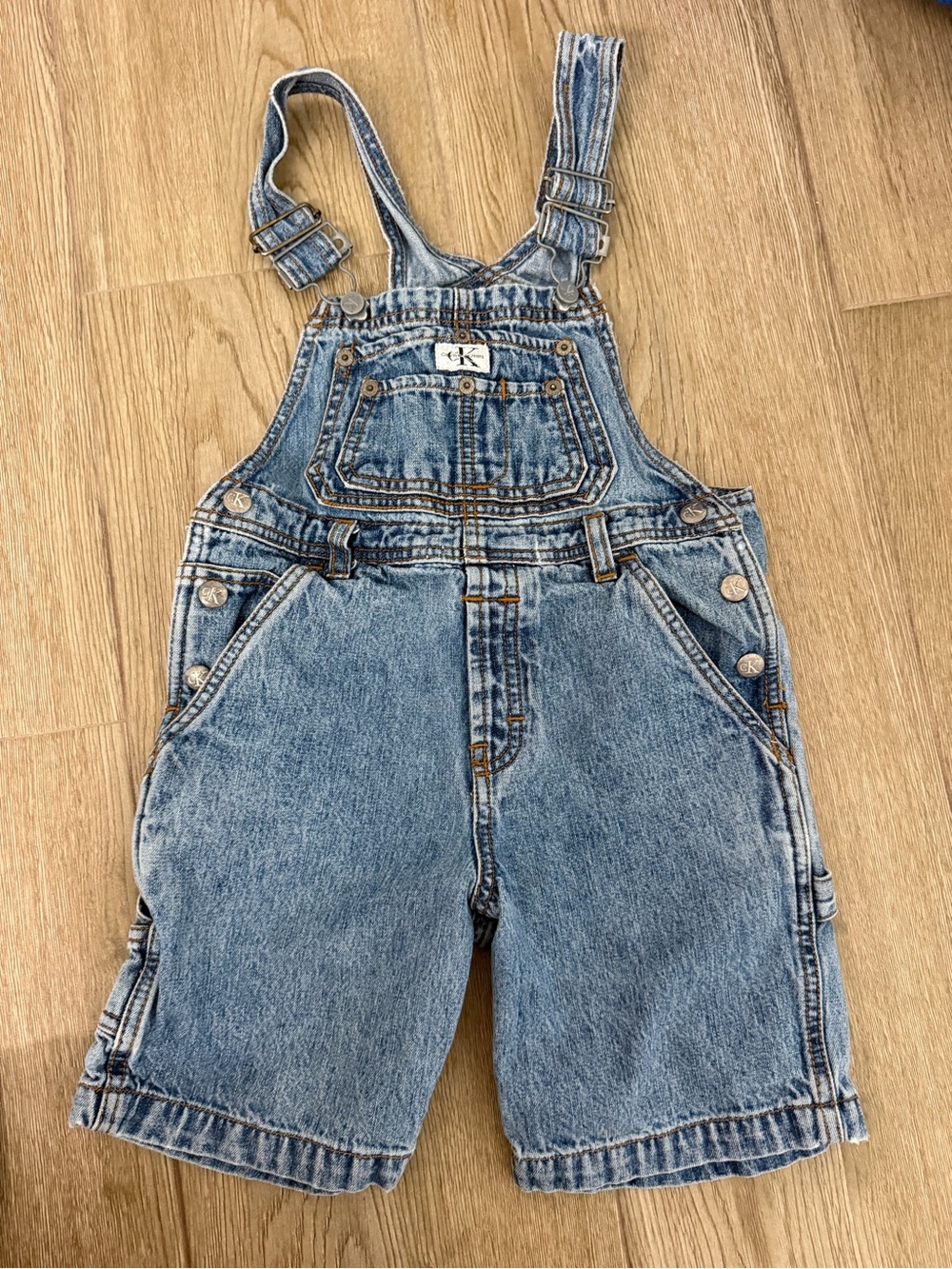VTG USA Made Calvin Klein Carpenter Jean Shortalls Girls L Y2K Double Stone Wash